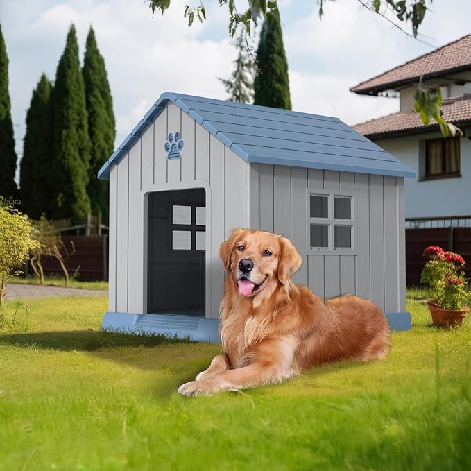 DRATO Dog House Indoor Outdoor for Small to Large Sized Dogs Indoor Outdoor Doghouse Large Shelter with Elevated Floor, Easy to Assemble (Blue, 38Inch(37.8 * 40.87 * 38.82))