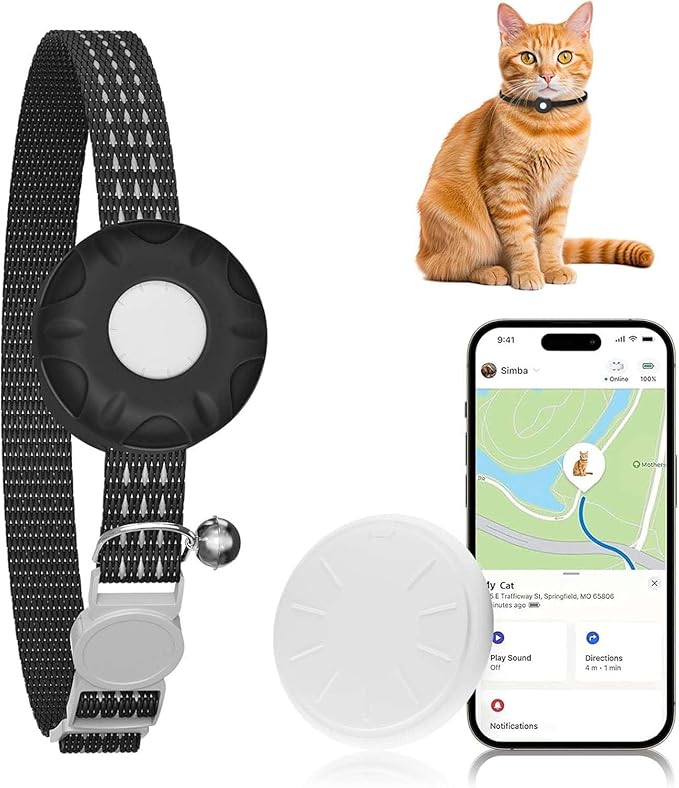 Cat Tracker, GPS Tracker Compatible with Apple Find My App(Only iOS), Waterproof Cat Tracker Collar with Safety Elastic Buckle, No Monthly Fee Pet Tracker, Works with Any Collar (Black)