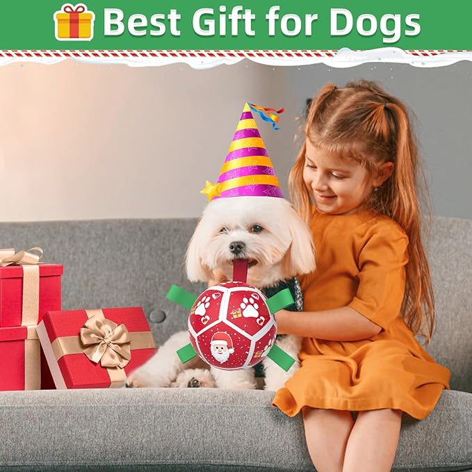 QDAN Small Christmas Dog Toys, Soccer Ball with Straps, Outdoor Interactive Toys for Tug of War, Puppy Birthday Gifts, Water Toy, Durable Dog Balls for Puppy (5 Inch)