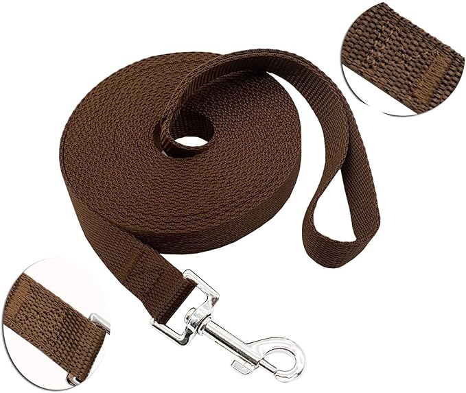 Nylon Training Dog Leash for Small Medium Large Dogs, 15ft 20ft 30ft 50ft Long Leash Dog/Puppy Lead for Obedience Recall Training, Camping (1" x 15ft, Brown)