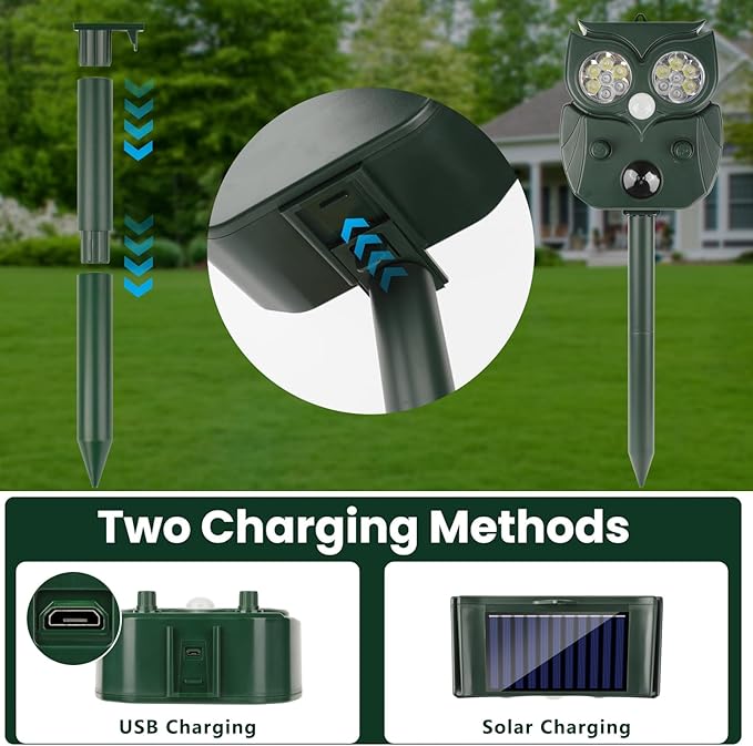 2 Pack 2026 Ultrasonic Animal Repellent Outdoor Deer Repellent Devices Solar Animal Repeller Motion Activated Deterrent to Scare Cat Squirrel Rabbit Raccoon Skunk with LED Flash Lights for Yard Lawns