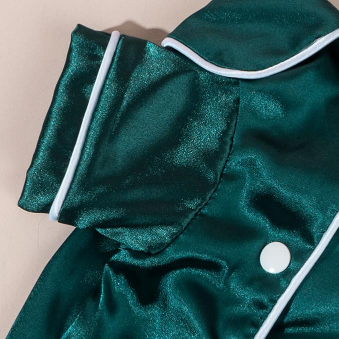 Cat Puppy Costume Elegant Satin Pajamas with Bow Headband 2PCs Set Pet Sleepwear Cute Pet Outfit Cosplay Partywear Photoshoots (Green Set,X-Large)
