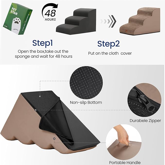 gogobunny Ramp Cat Dog Stairs for Beds, Cat Slope Stairs with Durable Waterproof Fabric Cover, Pet Steps for Old Large Dogs Climbing (Camel, 5-Step (33" D x 15.7" W x 22.6" H), 5.0)