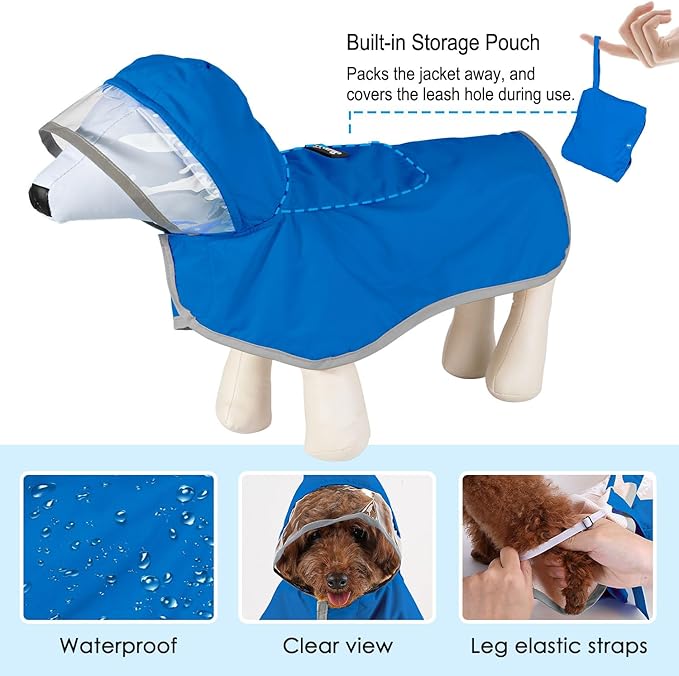 Lukovee Dog Raincoat, Adjustable Dog Rain Jacket with Clear Hooded Double Layer for Large Medium Small Dogs Puppies, Waterproof Rain Coat Poncho with Reflective Storage Pocket & Rim (Blue, S)