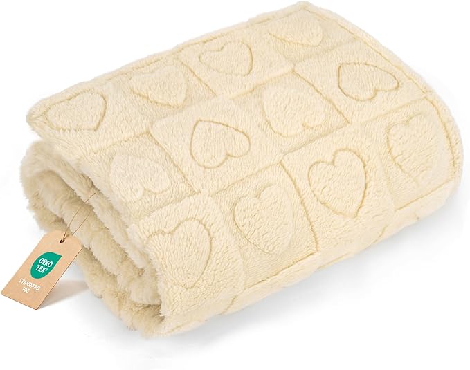 gogobunny Calming Plush Dog Cat Blanket 300GSM Coral Fleece, Ultra-Soft Machine Washable Pet Bedding for Small Medium Dogs Cats Puppies Kittens (Beige, 30x40)