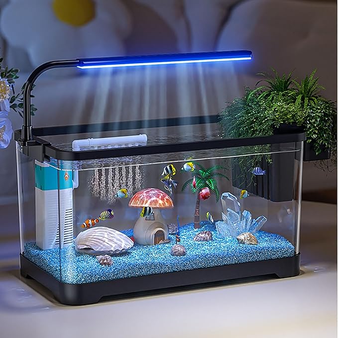 Fish Tank Aquarium Kit,Turtle Tank Kit with 3-in-1 Silent Water Pump Filter System, Self Cleaning Aquarium Starter Kit with LED Light Suitable for Small Fish Or Shrimp,Bottom Drainage(Medium)