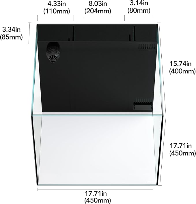 Landen 45P 15 Gallon Ultra Clear All Glass Rimless Low Iron Aquarium Tank with Rear Filtration Chamber(Return Pump Included)for Salt and Fresh Water.17.7''Wx17.7''Dx15.8''H in(45x45x40cm)6mm Thickness