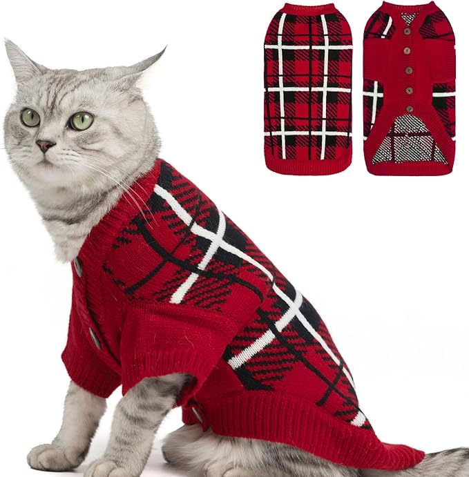 EXPAWLORER Cat Sweater Cardigan - Stylish Knit Cat Clothes, Plaid British Style Soft Puppy Sweater with Sleeve, Warm Pet Clothing Knitwear, Fall Winter Kitten Coat for Girl Boy Cats, Red M