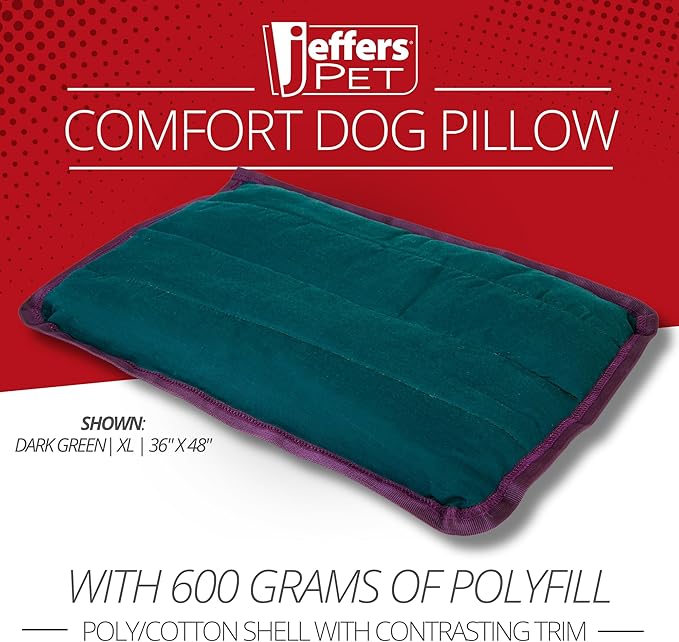 Jeffers Pet Comfort Dog Pillow, XL 36" x 48", Dark Green – Machine Washable Dog Bed for House, Sofa, Crate & Travel – Poly Cotton Shell, Winter Warmth, Soft, Comfy, Durable, Top Pet Bedding