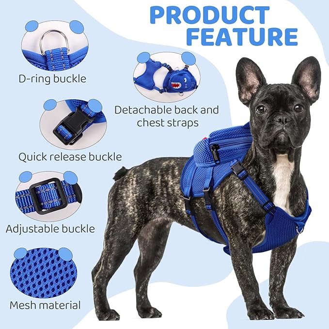 Dog Harness with Backpack, Adjustable Dog Backpack Harness for Small Medium Dogs, No-Pull Breathable Backpacks for Dogs to Wear, for Traveling, Hiking, Camping, Training, Blue S