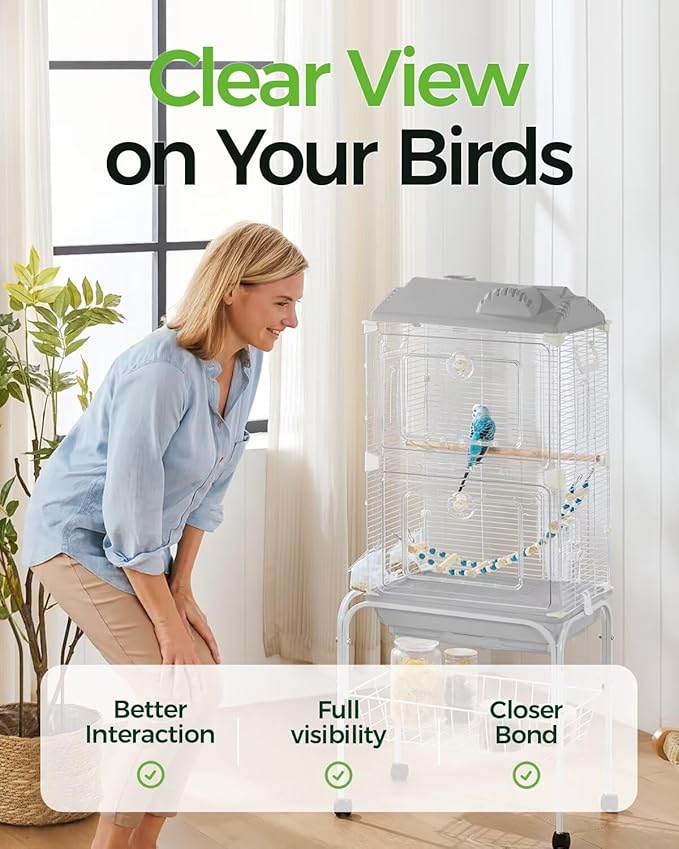 Clear View Bird Cage, Indoor & Travel Small Birdcage for Parakeet, Parrot, Budgies, Cockatiels, Canary |Easy Clean Safe Materials (Gray, Medium)