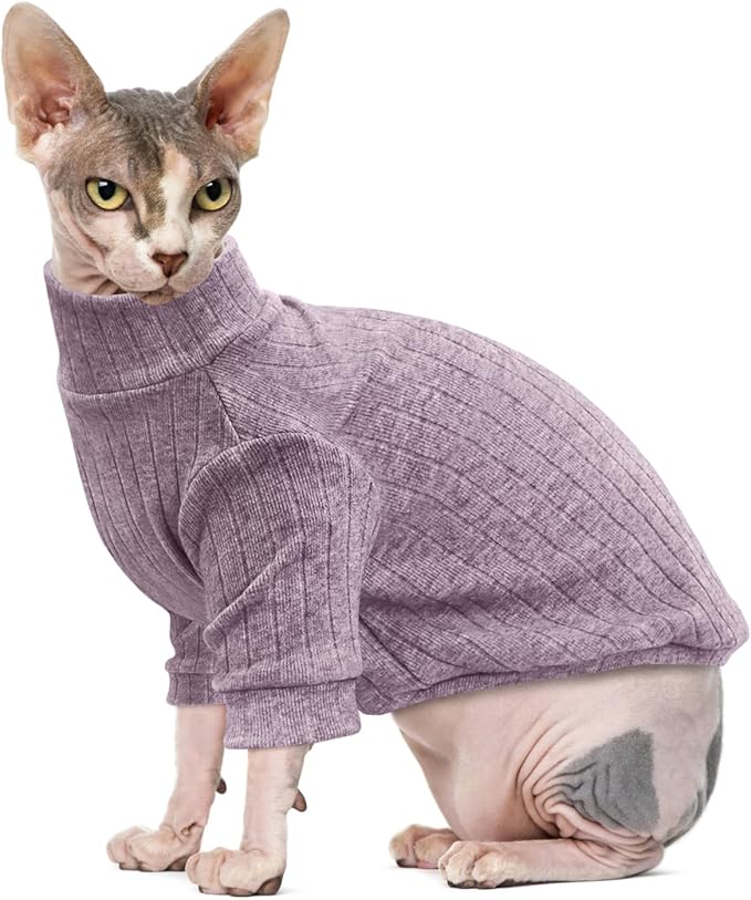 Idepet Sphynx Hairless Cats Sweater Shirt Kitten Soft Puppy Clothes Pullover Cute Cat Pajamas Jumpsuit Cotton Apparel Pet Winter Turtleneck for Cats and Teacup Chihuahua Small Dogs(Purple,XS)