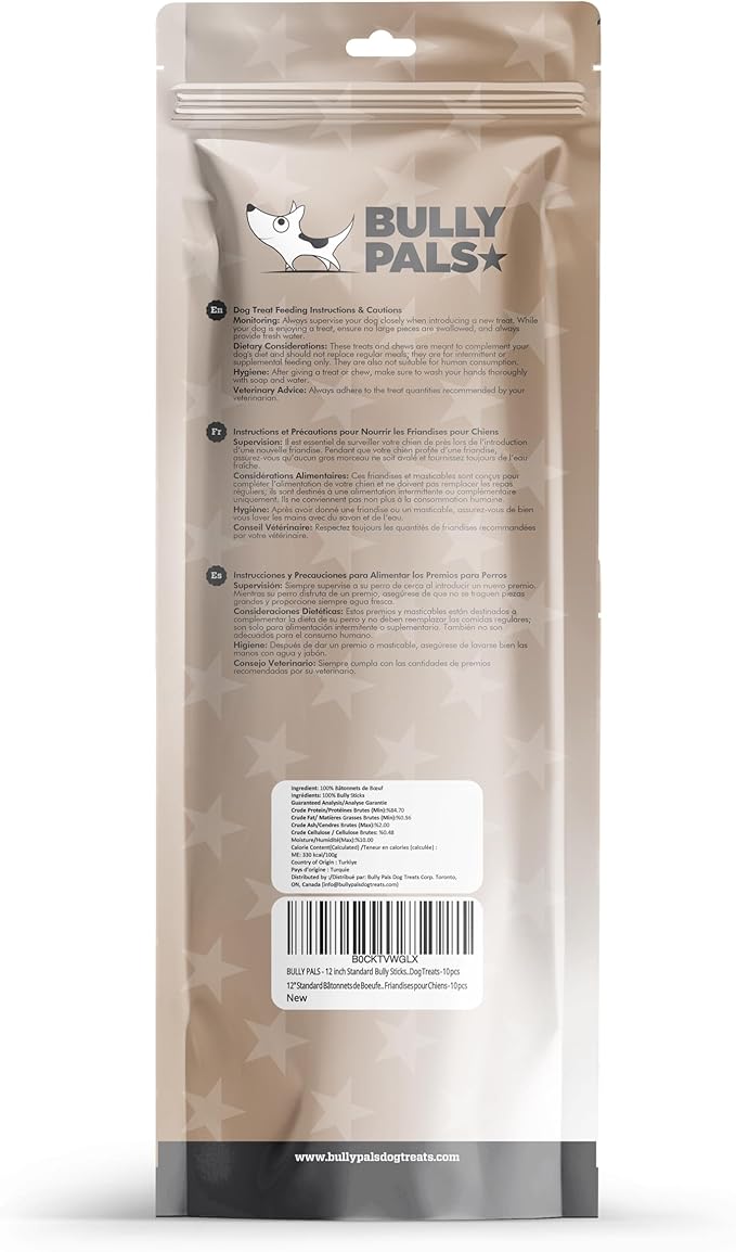 12 inch Standard Bully Sticks for Dogs - 10 Pack - 100% Natural, Single Ingredient, Easily Digestible, All Beef Dog Treats and Rawhide Free Dental Chew Bones for Dogs