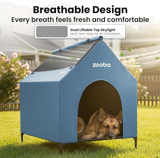 36" Large Dog House for Large Dog Indoor or Outside, Weatherproof 600D PVC Outdoor, Featuring Breathable 2x1 Textilene Elevated Dog Bed, Easy Clean (Blue)
