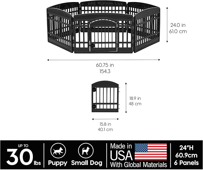 IRIS USA 24" 6-Panel Pet Dog Puppy Playpen with Door, for Puppy Small Dogs Keep Pets Secure Easy Assemble Easy Storing Customizable Non-Skid Rubber Feet, Foldable, Black