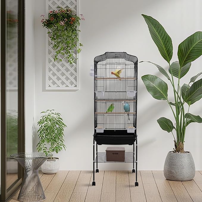 Large Rolling Bird Cage with Stand & Storage Shelf, 4-Tier Stackable Parrot Aviary for Cockatiels, Parakeets & Finches, Metal Birdcage with Slide-Out Tray, Feeding Bowls & Wheels (Black)