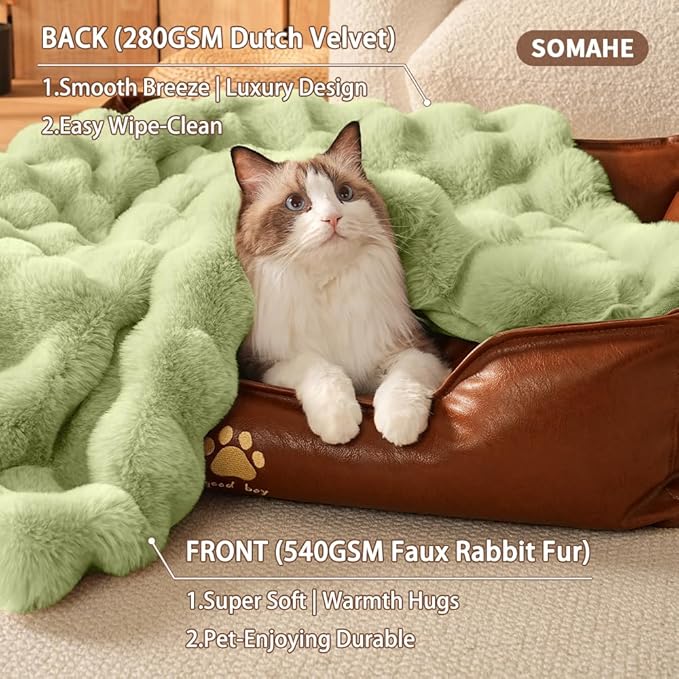 Self-Warming Cat Blanket for Indoor Cats & Small Dogs, Dual-Side Sherpa Plush Throw, Anti-Static Shared Couch Mat for Crate & Travel, Machine Washable No Shrink, 28x22 Inch Green