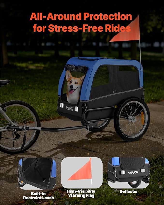 VEVOR Dog Bike Trailer, Supports up to 66 lbs, Pet Cart Bicycle Carrier for Small & Medium Dogs, Easy Folding Frame with Quick Release Wheel, Universal Bicycle Coupler, Reflector, Flag, Internal Leash