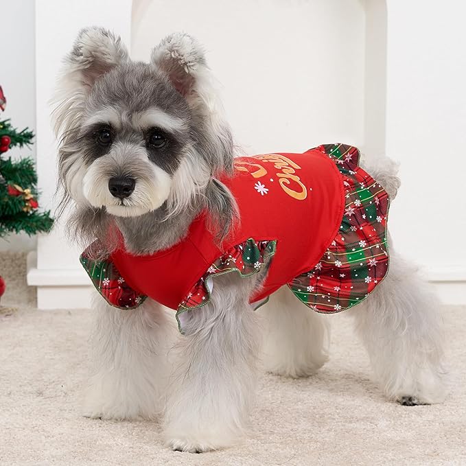 XPUDAC 4 Pack Christmas Dog Dress Plaid Puppy Clothes for Small Dogs Girl Cute Pet Outfit Doggy Apparel Cat Holiday Party Costume, Red, Green, L