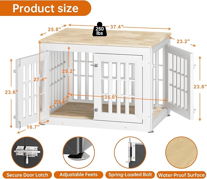38" Heavy Duty Dog Crate Furniture for Small,Medium and Large Dogs,Rustic Wooden Dog Cage Kennel Indoor Furniture with Waterproof Top,Decorative Pet House Side End Table (White & Wood)