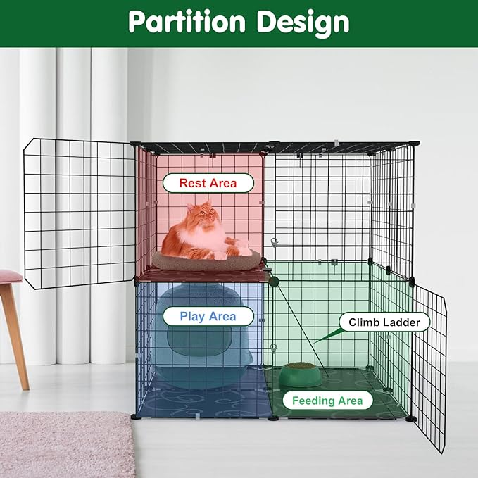 2 Tier Cat Cage, Indoor Cat Enclosures, DIY Cat Playpen Detachable Metal Wire Kennels Cats Crate Kitten House with Climbing Ladders 2 Doors Large Exercise Place for 1-3 Cats/Kitten, 28"x28"x28"