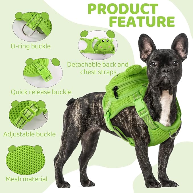 Dog Harness with Backpack, Adjustable Dog Backpack Harness for Small Medium Dogs, No-Pull Breathable Backpacks for Dogs to Wear, for Traveling, Hiking, Camping, Training, Green Frog XS