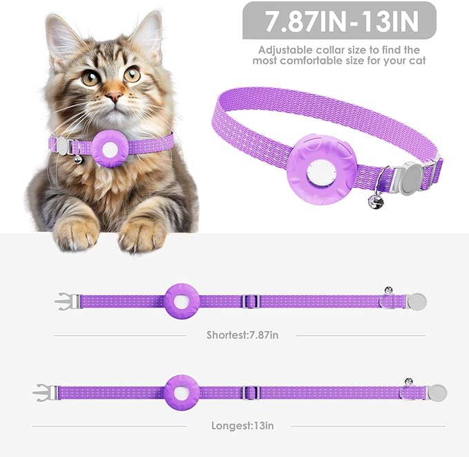 Cat Tracker, GPS Tracker Compatible with Apple Find My App(Only iOS), Waterproof Cat Tracker Collar with Bell and Safety Elastic Buckle, No Monthly Fee Pet Trackers for Vehicles, Pets, Kids (Purple)