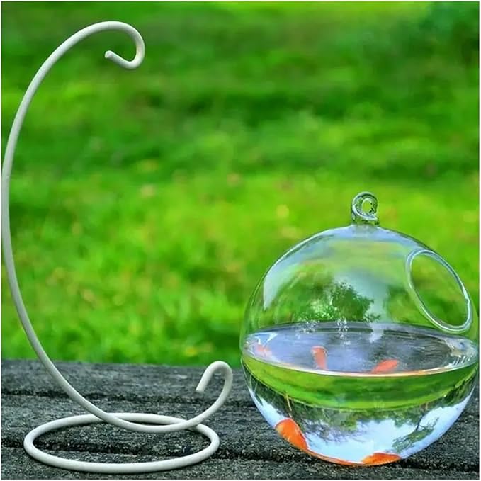 Transparent Hanging Glass Aquarium Fish Tank Bowl - Stylish Round/Rectangle Shape with Rack Holder for Home Decoration(Black-02)