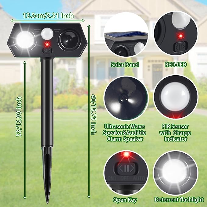 2026 New Racoon Squirrel Sonic Fortress Pro Cat Repellent Outdoor, Solar Ultrasonic Animal Repeller Deer Deterrent with Motion Sensor&Light to Scare Rabbit Skunk Dog Out of Garden Farm Yard(4Pack)