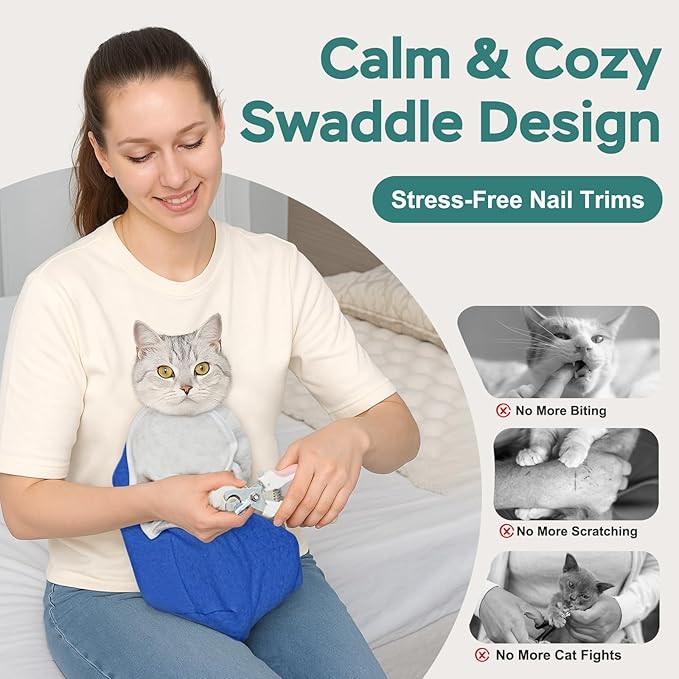 Self-Adhesive Cat Grooming Wrap, Cozy Cat Wrap for Cutting Nails, Breathable Anti-Scratch Cats Swaddle Bag for Brushing, Ear Cleaning, Dental Care, Medication, Injections,Blue L