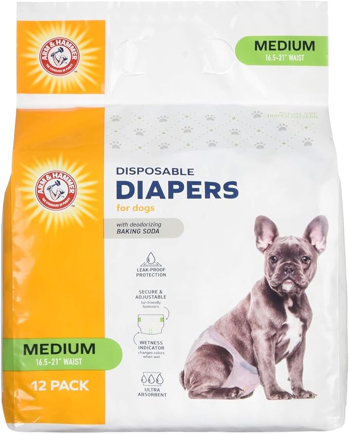 Arm & Hammer for Pets Disposable Female Dog Diapers with Odor Control and Wetness Indicator, Leak Resistant Dog Diapers for Incontinence and Heat Cycles, Size Medium 16.5–21 in Waist, 12 Count - 2 Pk