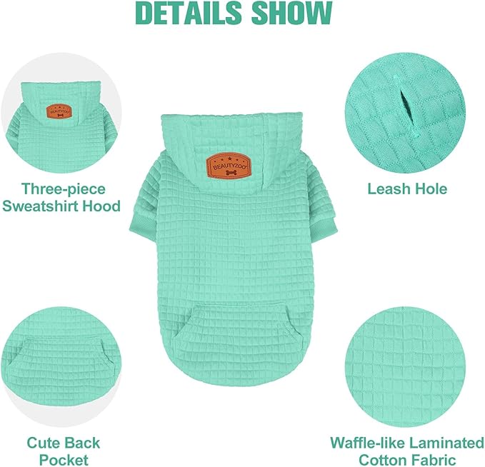 BEAUTYZOO Small Dog Hoodie Sweater with Pockets, Dog Clothes for Small Medium Dogs Boy Girl, Waffle-Like Laminated Cotton Pet Coats with Hat and Leash Hole, Mint Green M