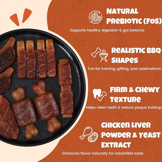 Havira BBQ Dog Treats Spareribs 8 Count, Grill-Shaped Rawhide Free Dog Chews Bone, Easily Digestible, for All Life Stages