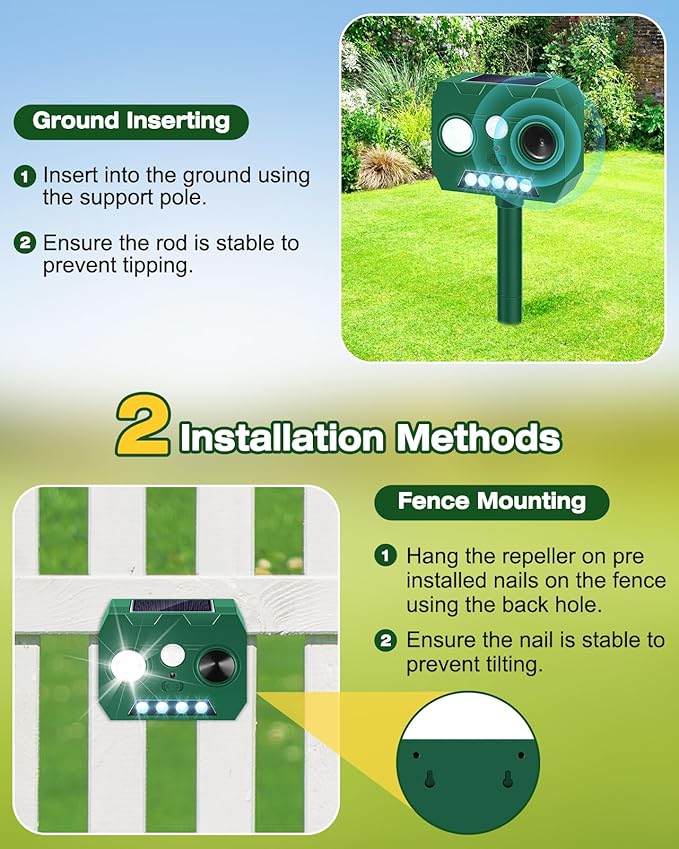 Solar Ultrasonic Animal Repellent Outdoor, 2 Pack Cat Repellent Outdoor Deer Repellent Devices with PIR Motion Sensor ＆ LED Flash, Waterproof Squirrel Repeller, Cat, Raccoons, Rabbits, Deer, Skunk