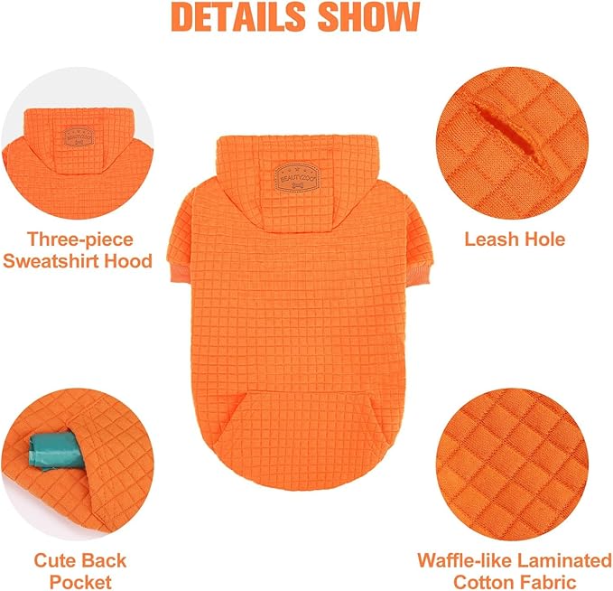 BEAUTYZOO Small Dog Hoodie Sweater with Pockets, Dog Clothes for Small Medium Dogs Boy Girl, Waffle-Like Laminated Cotton Pet Coats with Hat and Leash Hole, Orange S
