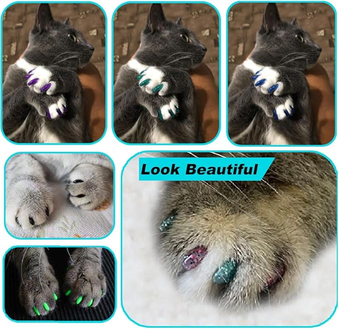 VICTHY 160pcs(16 Colors) Cat Nail Caps Cat Claw Caps Cat Nail Covers with Adhesives and Applicators (Large)