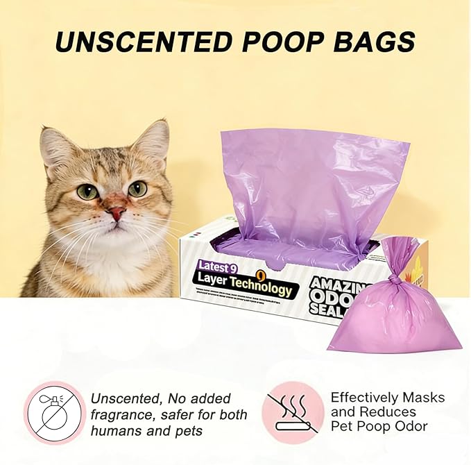 Odor-Sealing Cat Litter Bags - 220 Count Unscented Cat Poop Bags with Strong Odor Control, Leakproof & Durable Pet Waste Bags (Size:XS, Color: Purple)
