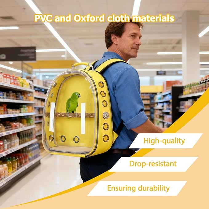 Transparent Parrot Backpack,12 Holes Ventilate Space Capsule Carrier,Stick Wooden Standing Perch,Portable Double Shoulder Outdoor Pet Backpack Carrier for Birds and Pets (Pink,Without Stick)