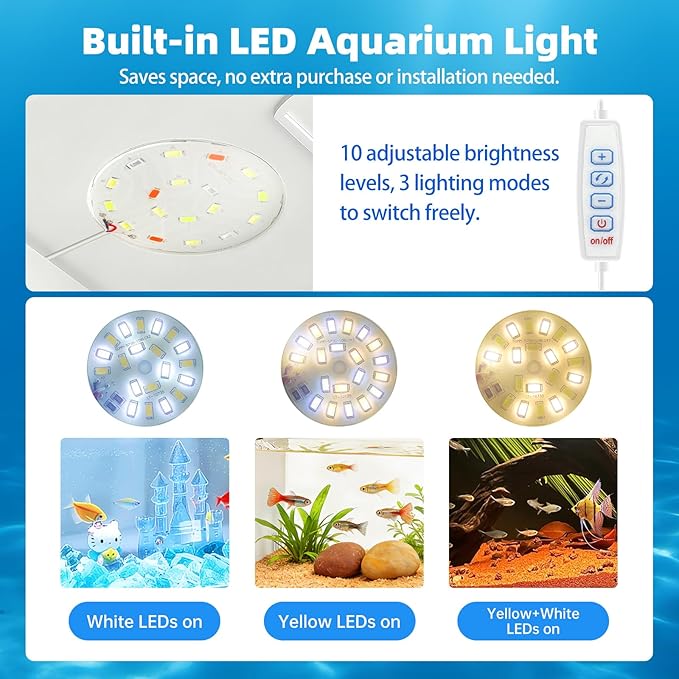 Small Fish Tank Betta 2.5 Gallon Desktop Aquarium Kit with LED Light and Water Pump & Black Filter Sponge & Bio Ball Filter Media Compact Aquarium for Betta Fish, Shrimp(White)