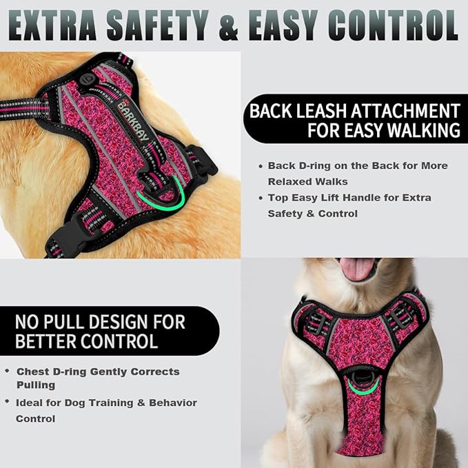 BARKBAY No Pull Dog Harness Large Reflective Dog Harness with Front Clip and Easy Control Handle for Walking Training Running with ID tag Pocket(Pink/Black,L)