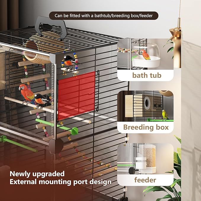 Bird Cage,Large Parrot Cage with Acrylic Doors, 3-Tier Movable Birdcage Parakeet Cage w/Wheels, 360° View Spacious Interactive Bird House (White, with Bathtub)