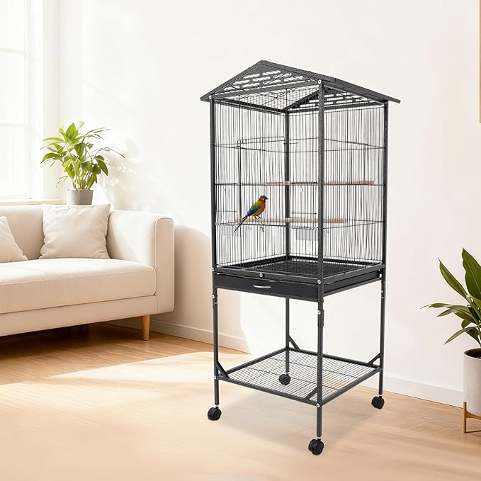 18x18x49 in Iron Flight Bird Cage, Freestanding Parakeet Bird Cage, Pigeons Parrot Birdcage, Large Parakeets Cage with 4 Universal Wheels, 3 Wooden Stands, 2* Feeding Cups and Slide-Out Tray (Black)