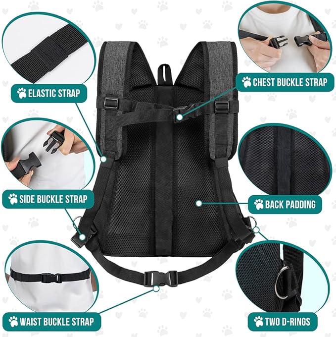 PetAmi Adjustable Dog & Cat Chest Carrier Backpack, Ventilated for Hiking & Camping, Small to Large Pets, Max 10 lbs, Dark Gray