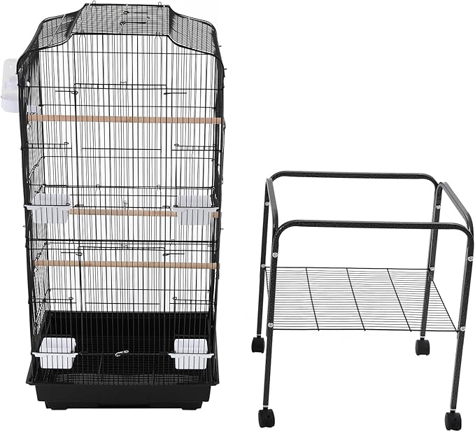 Large Bird Cage with Wheels, Budgie Cage with Bottom Storage Shelf, 54in Tall Bird Cages for Parakeets, Parrot, Cockatiel, Pull-Out Tray&Mesh Bottom (Black)