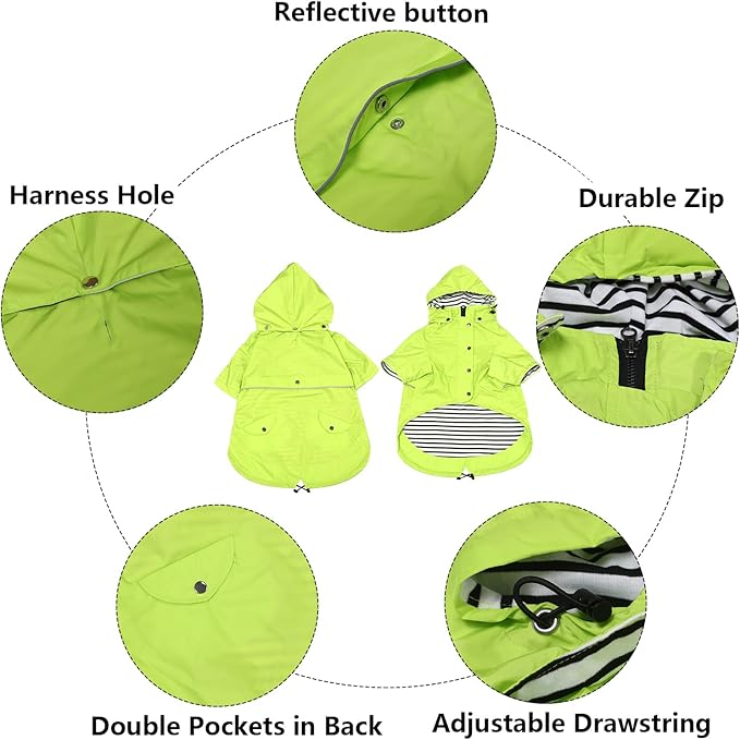 Morezi Dog Zip Up Raincoat with Reflective Buttons, Rain/Water Resistant, Adjustable Drawstring, Removable Hood, Raincoats with Legs 8lbs to 80lbs Available Light Green XXL