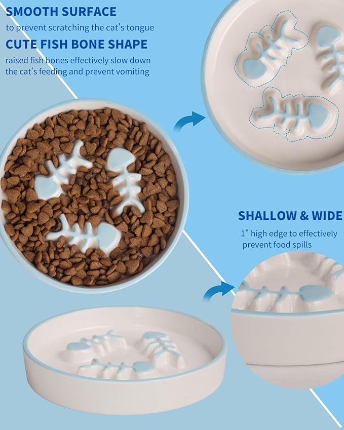 Ceramic Fish-Bone Slow Food Bowl for Cats and Dogs, Dishwasher Safe, Non-Toxic, Engaging Design, Prevents Obesity
