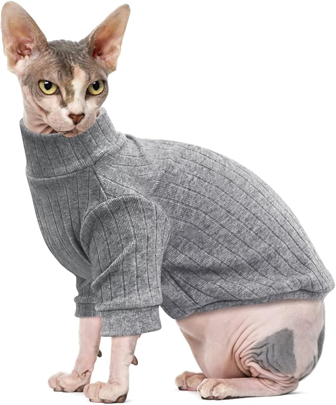 Idepet Sphynx Hairless Cats Sweater Shirt Kitten Soft Puppy Clothes Pullover Cute Cat Pajamas Jumpsuit Cotton Apparel Pet Winter Turtleneck for Cats and Teacup Chihuahua Small Dogs(Gray,XXL)