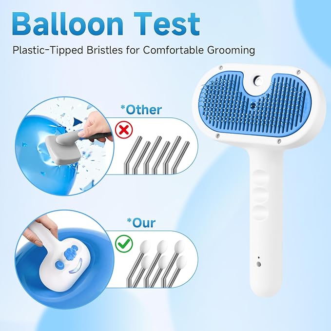 Pet Steam Brush for Dog & Cat - 3-in-1 Steam Grooming Brush for Shedding & Hair Removal - Self Cleaning Spray Comb with Mist for Long Haired Pets - Includes 1*Waterless Shampoo, Blue.