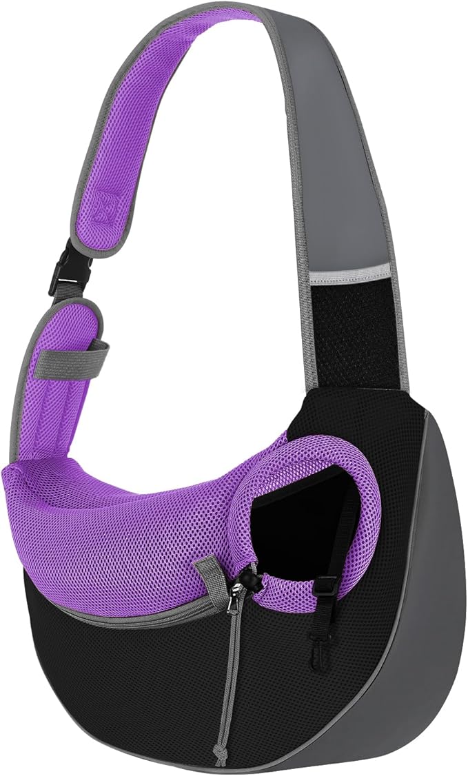Pawaboo Dog Sling Carrier, Hand Free Breathable Mesh Bag for Puppy Cat, Drawstring Dog Papoose with Adjustable Strap and Pocket, Crossbody Satchel Dogs Purse for Outdoor Travel, L, Deep Purple