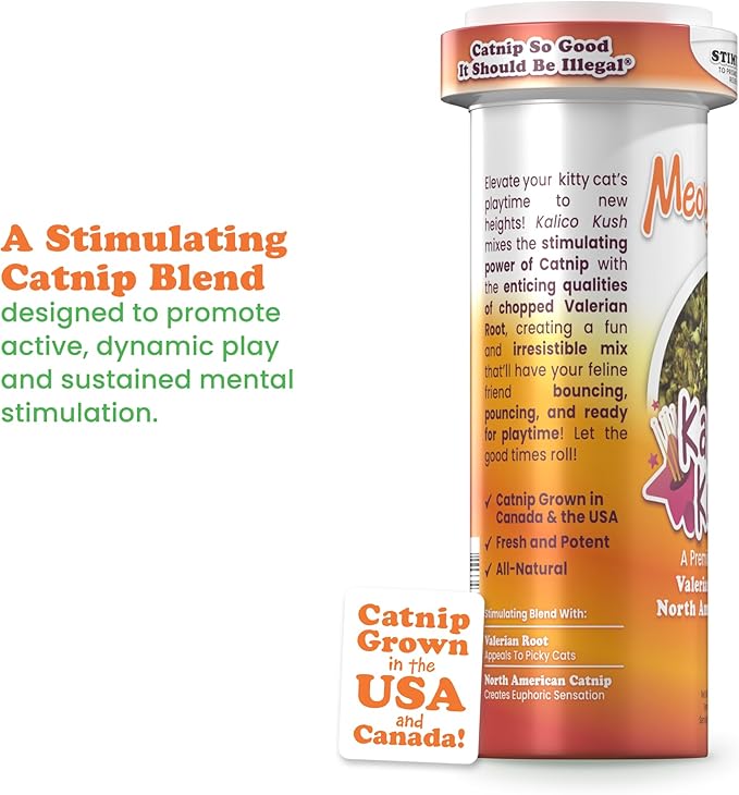 Meowijuana Good Vibes Kalico Kush | Valerian Root and Catnip Blend | Large Bottle High Potency Blend | Premium Hand Harvested North American Catnip